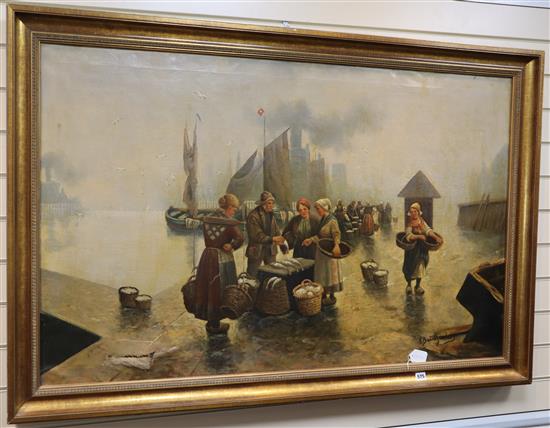 Adolf Baumgartner (1893-1939), oil on canvas, Dutch fisherfolk, signed, 80 x 128cm